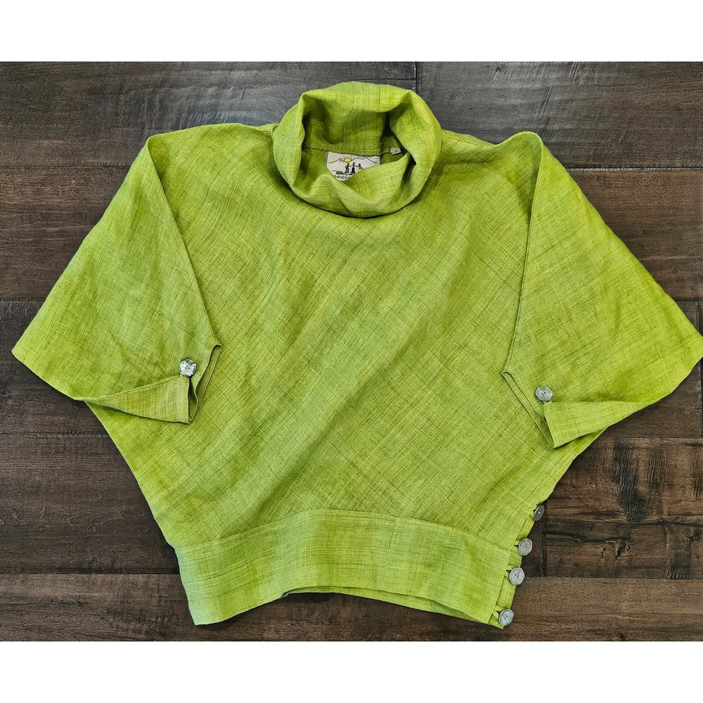 RARE Boho Dancing Ladies Lime Green 100% Hemp Cowl Neck Coin Buttons M - Picture 1 of 13